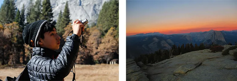 Picture 1: Kid taking photo & Picture 2: sunset